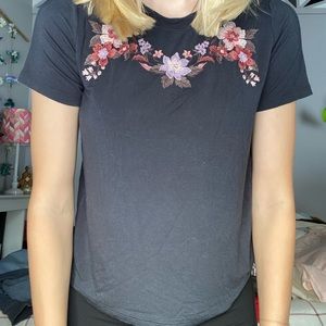 Dark navy blue shirt with stitched flower neckline